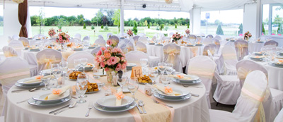 Dining tables set up at a wedding